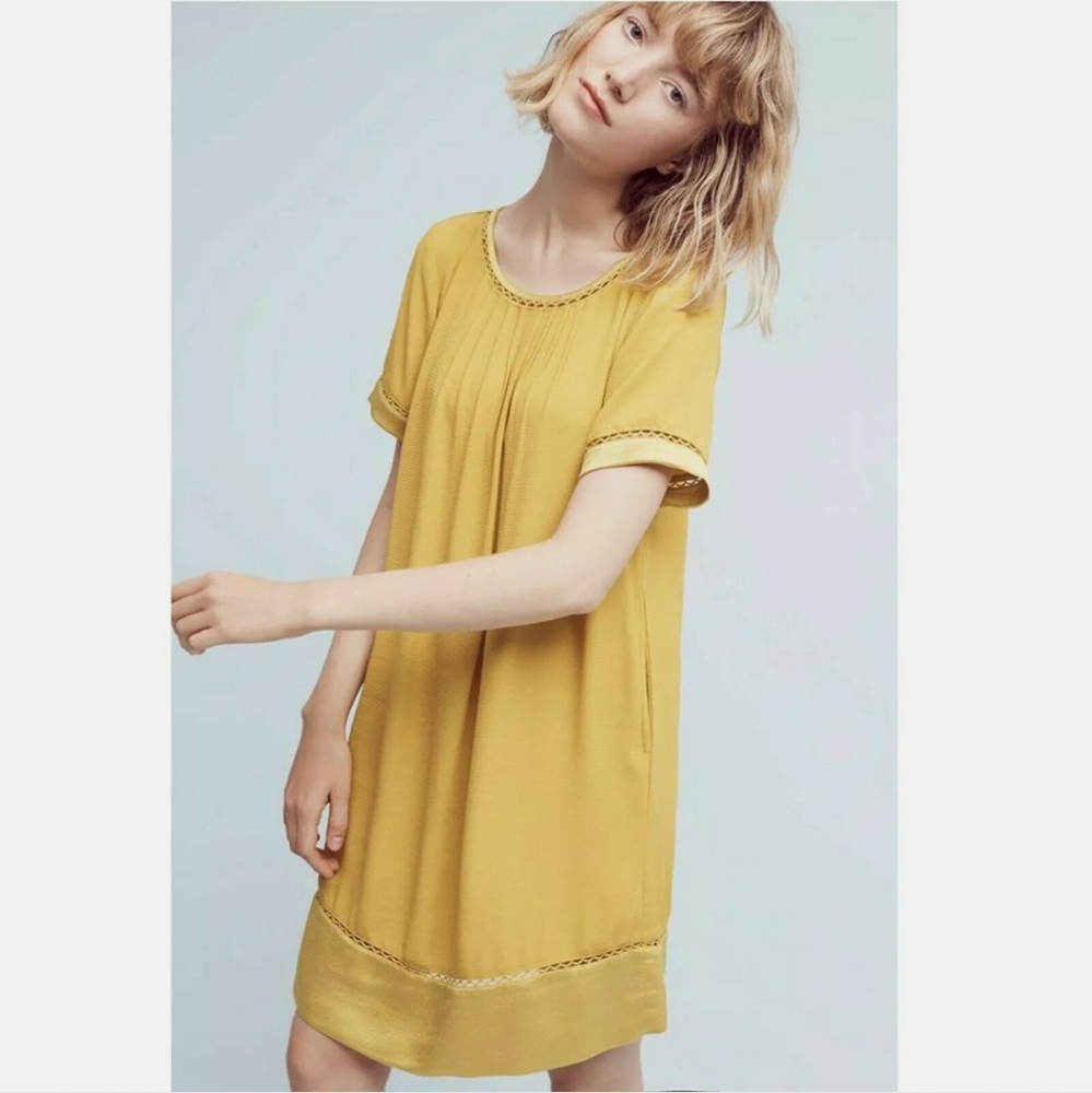 Maeve Anthropologie Verdet Mustard Gold Swing Mini Dress Shift-Size Large
